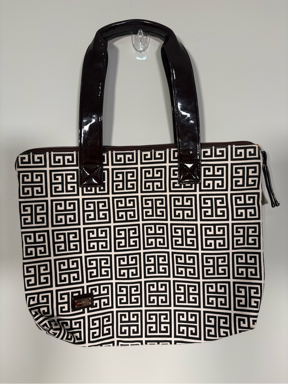 Brown and White Geometric Tote with Patent Brown Handles